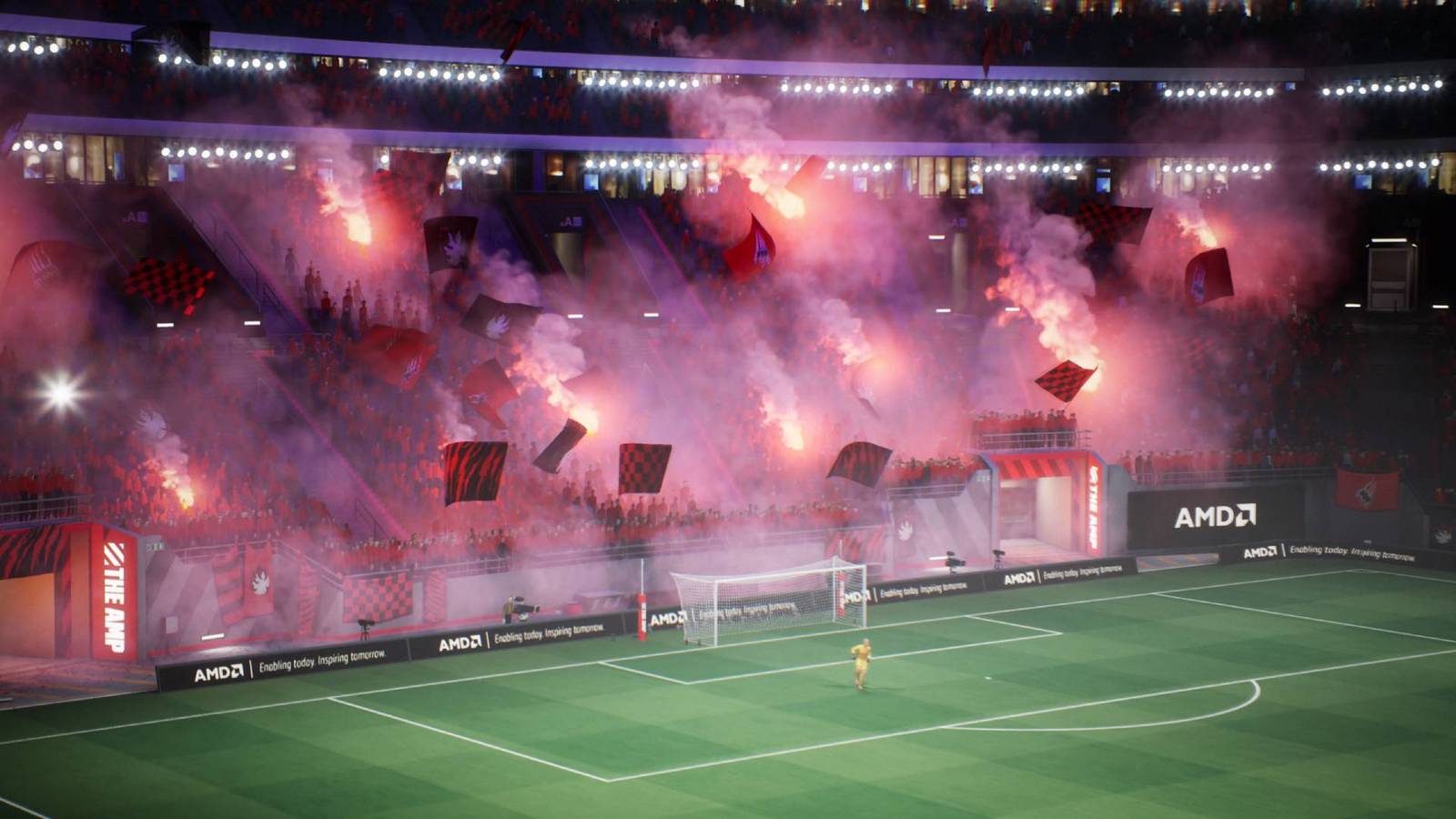 A stand of fans in Goals with red flares and flags waving.