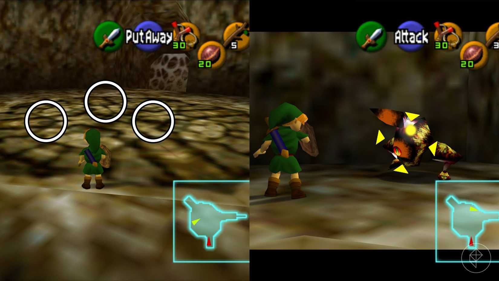 Link in a circular room with three faint shadows on the floor, along with a Gohma Larva, a monster with a large eye and two legs, in Ocarina of Time.