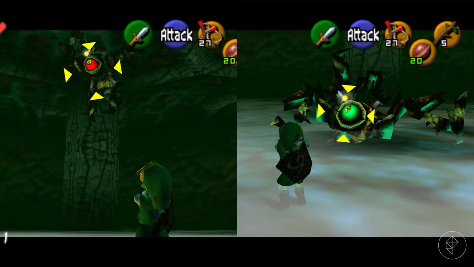 Gohma, an arachnid boss in Ocarina of Time, crawling on the ceiling with a glowing red eye and stunned on the floor.