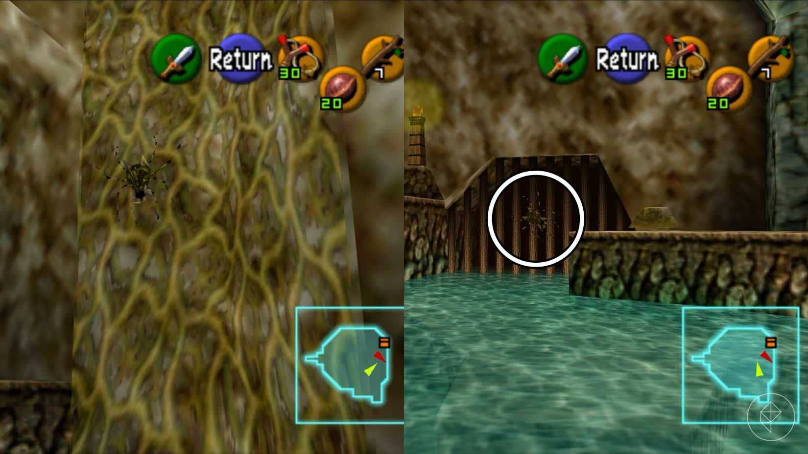 Two gold skulltulas sitting on a wall in Ocarina of Time.