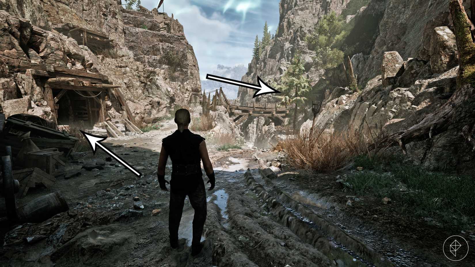 Arrows point to the first weapon locations in Gothic 1 Remake.