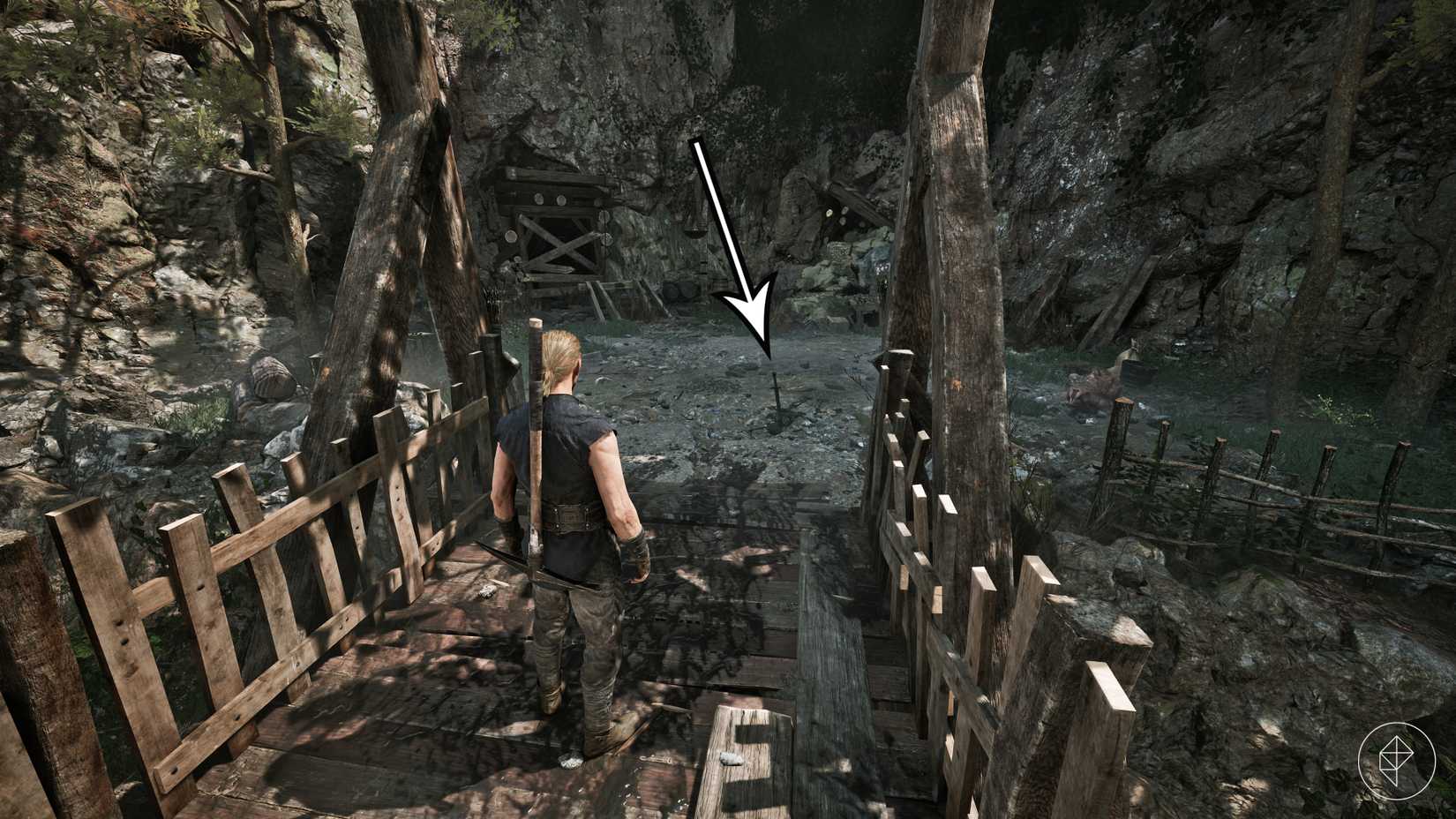 An arrow points to a rusty sword in Gothic 1 Remake.