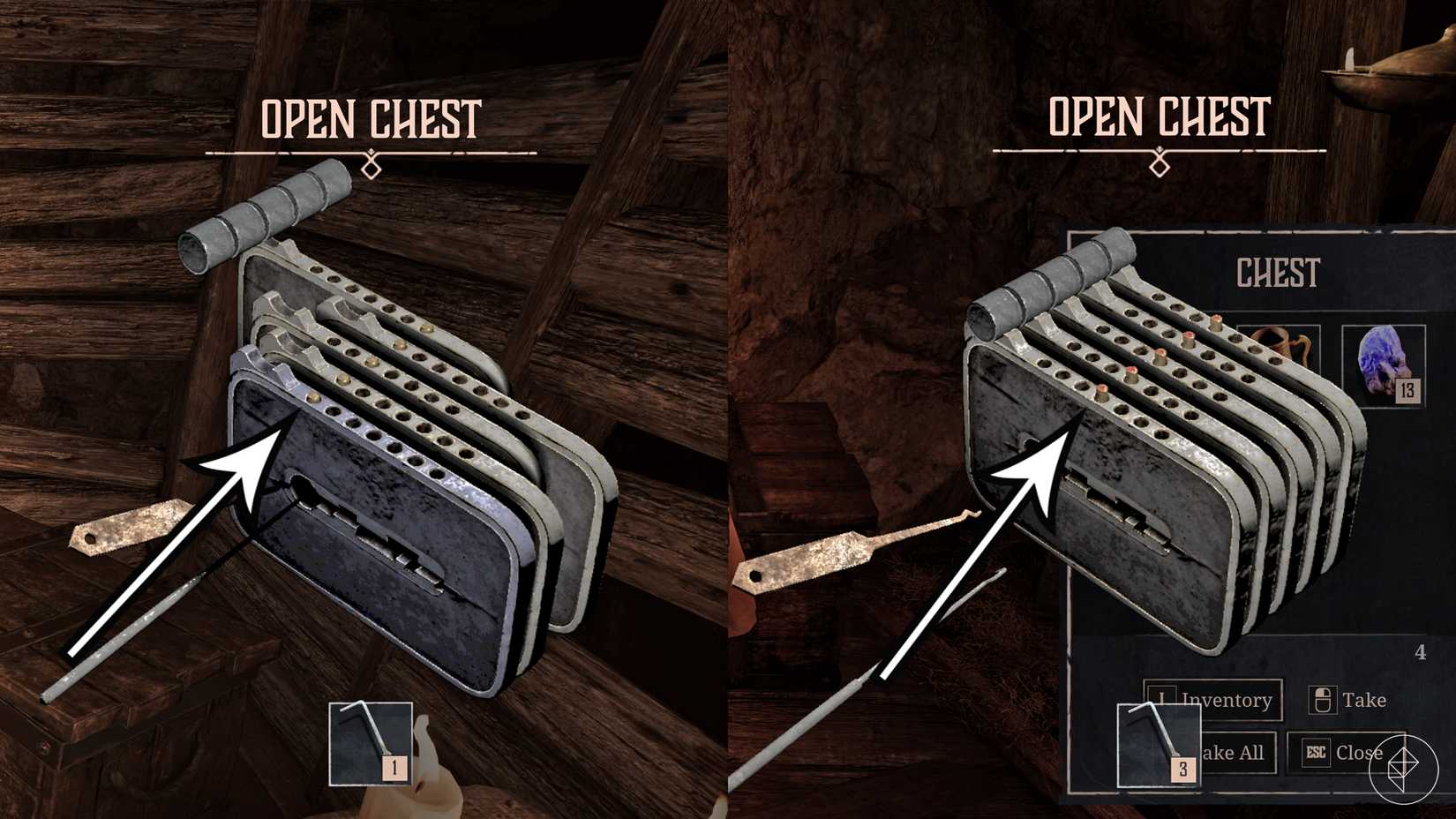 Arrows point to an incomplete and a complete lockpicking puzzle in Gothic 1 Remake.