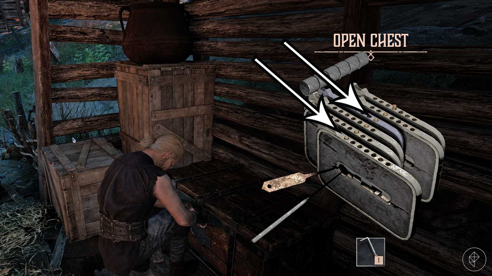 Pfeile zeigen auf die Becher, die beim Lösen eines Lockknacker-Rätsels in Gothic 1 Remake zuerst bewegt werden sollten.