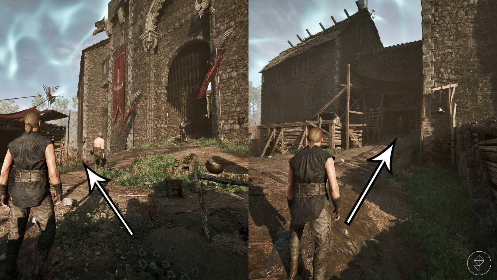 Pfeile zeigen auf den Standort des Schlösserknack-Fertigkeitstrainers in Gothic 1 Remake.