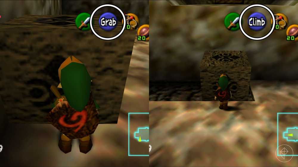 Link em frente a um bloco c&uacute;bico em Ocarina of Time.