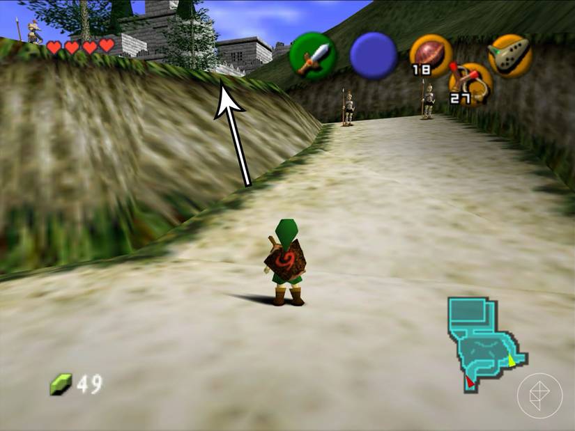Link standing on a white path with two guards with an arrow point up a hill in Ocarina of Time.