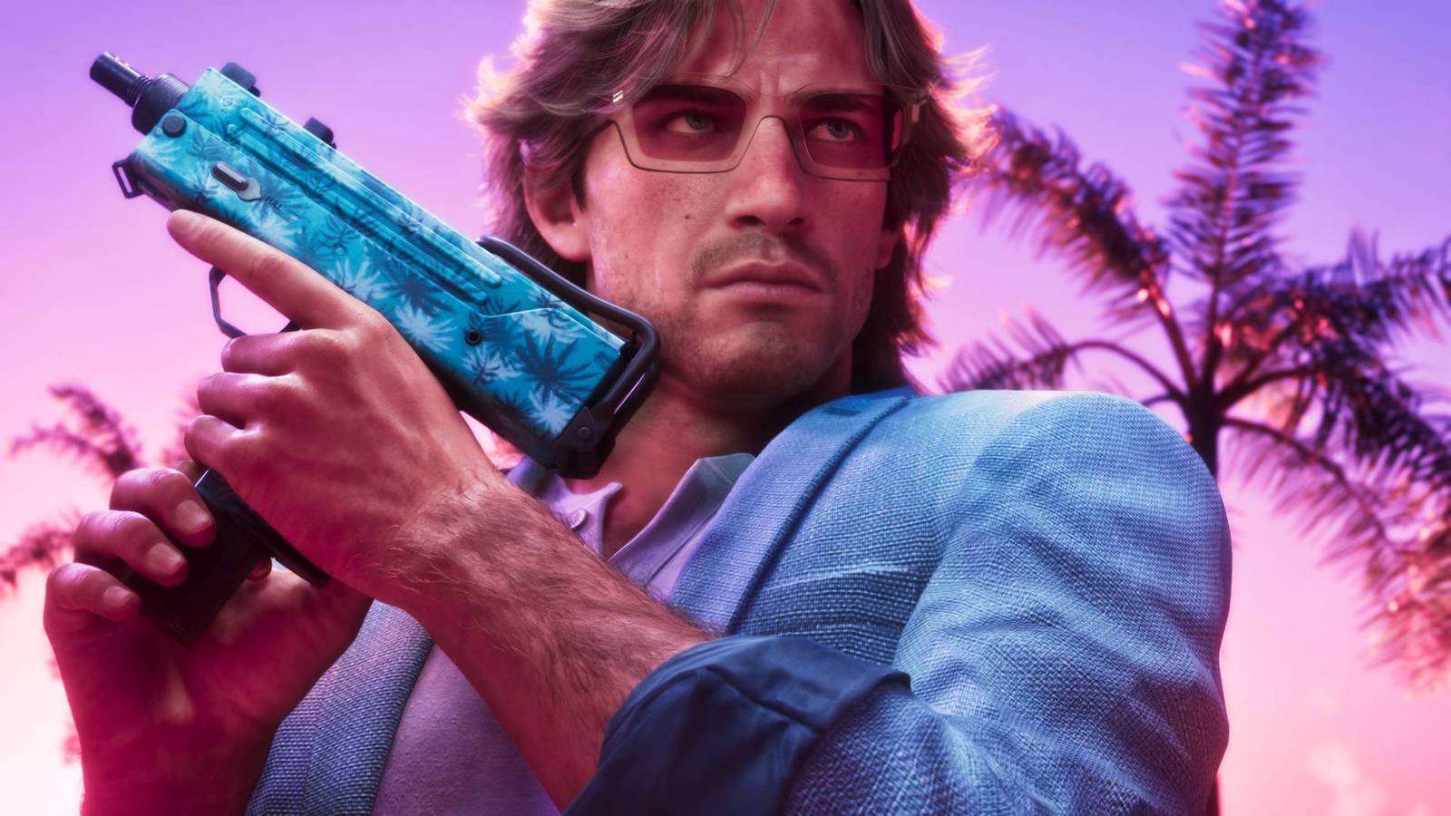 Jason Duval in GTA 6 wearing a vintage Vice City outfit and holding a machine pistol.