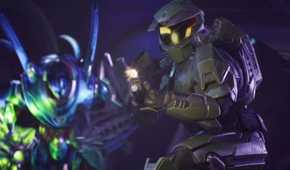 Master Chief is flanked by an enemy in a screenshot from Halo Campaign Evolved