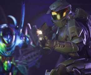 Master Chief is flanked by an enemy in a screenshot from Halo Campaign Evolved
