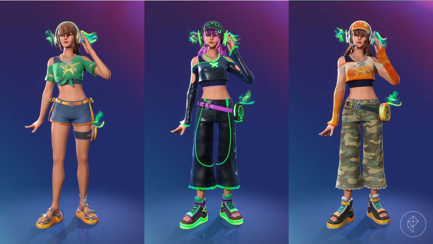 Heatwave PJ, a Fortnite skin of a woman DJ in three alternate styles.