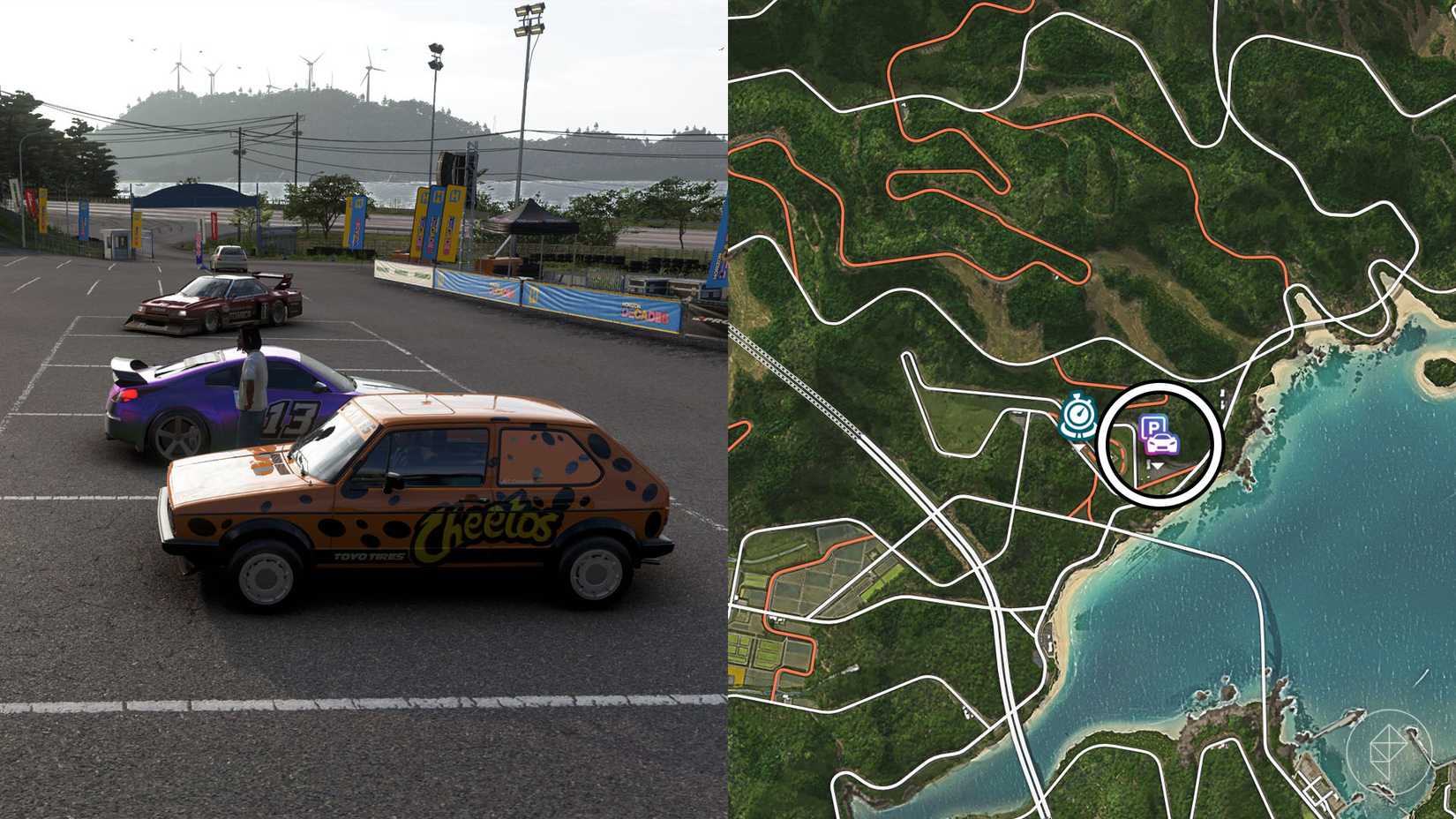 Cars in a parking lot in Forza Horizon 6.