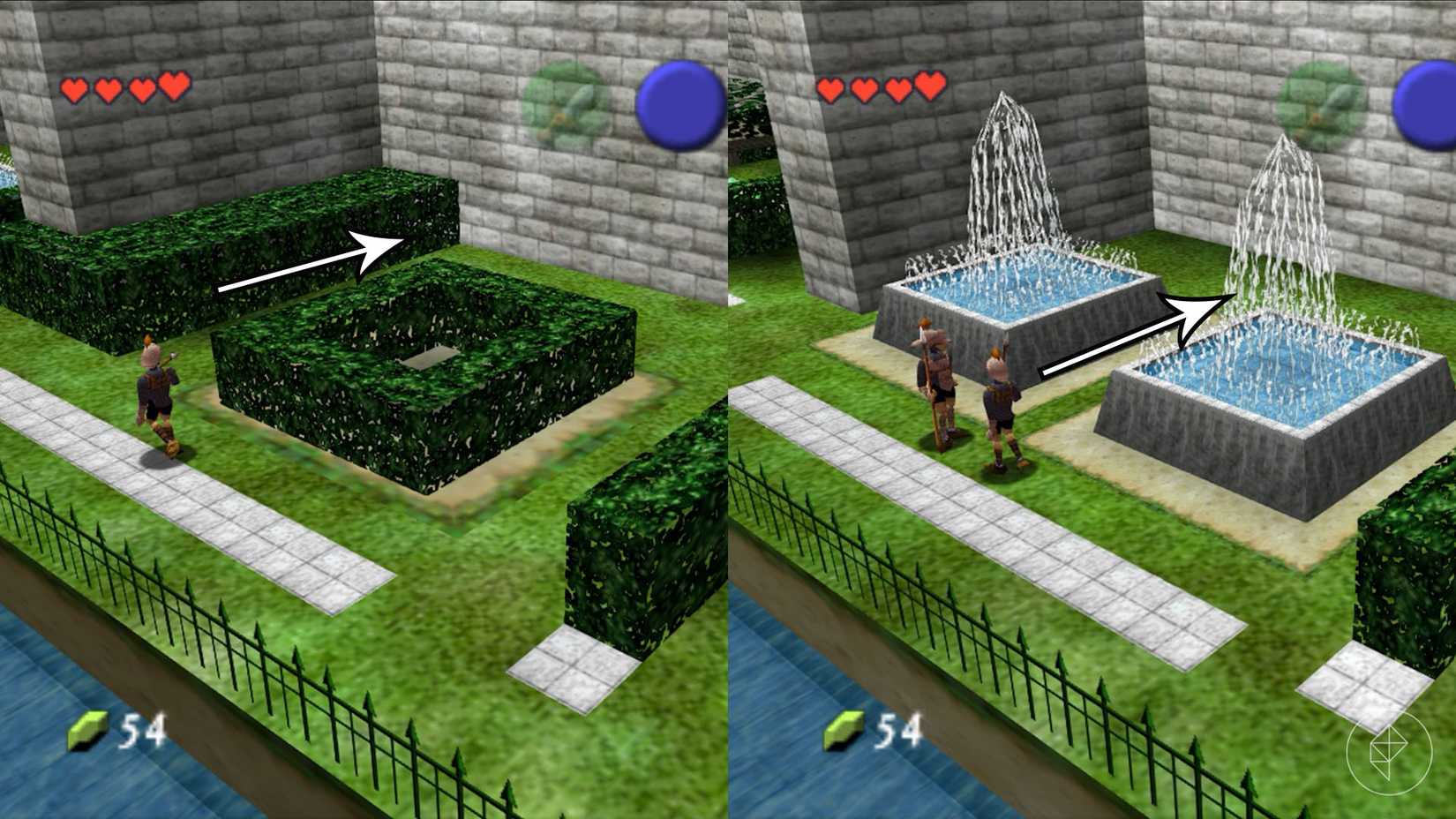 Guards in a garden with hedge bushes and a fountain in Ocarina of Time.