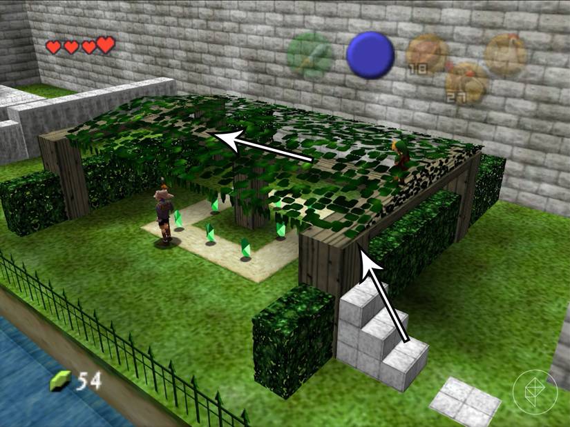 Link walking on wooden scaffolding in a garden in Ocarina of Time.