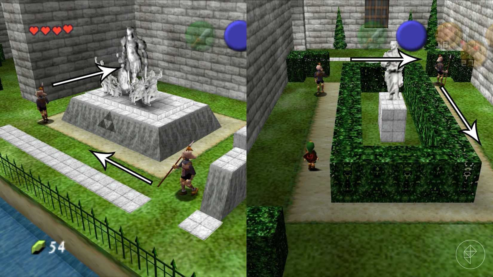 Guards patrolling around statues in a garden in Hyrule Castle in Ocarina of Time.