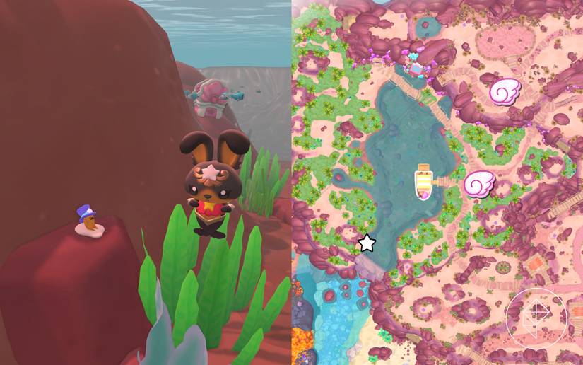 A rabbit under water near a Tophat Gudetama in Hello Kitty Island Adventure.
