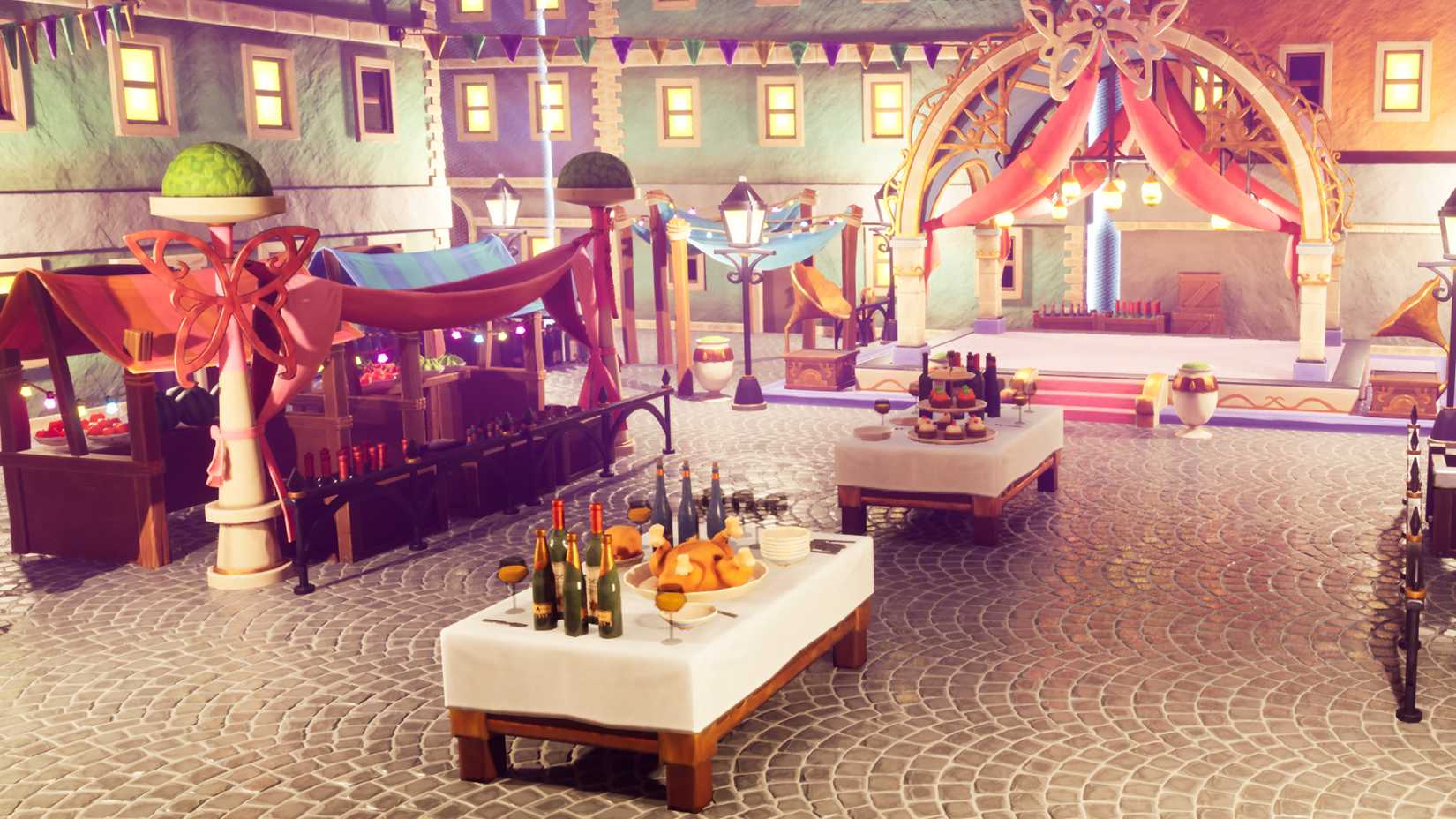 A marketplace with food and drink scattered in front of a butterfly-themed stage in Meccha Chameleon.