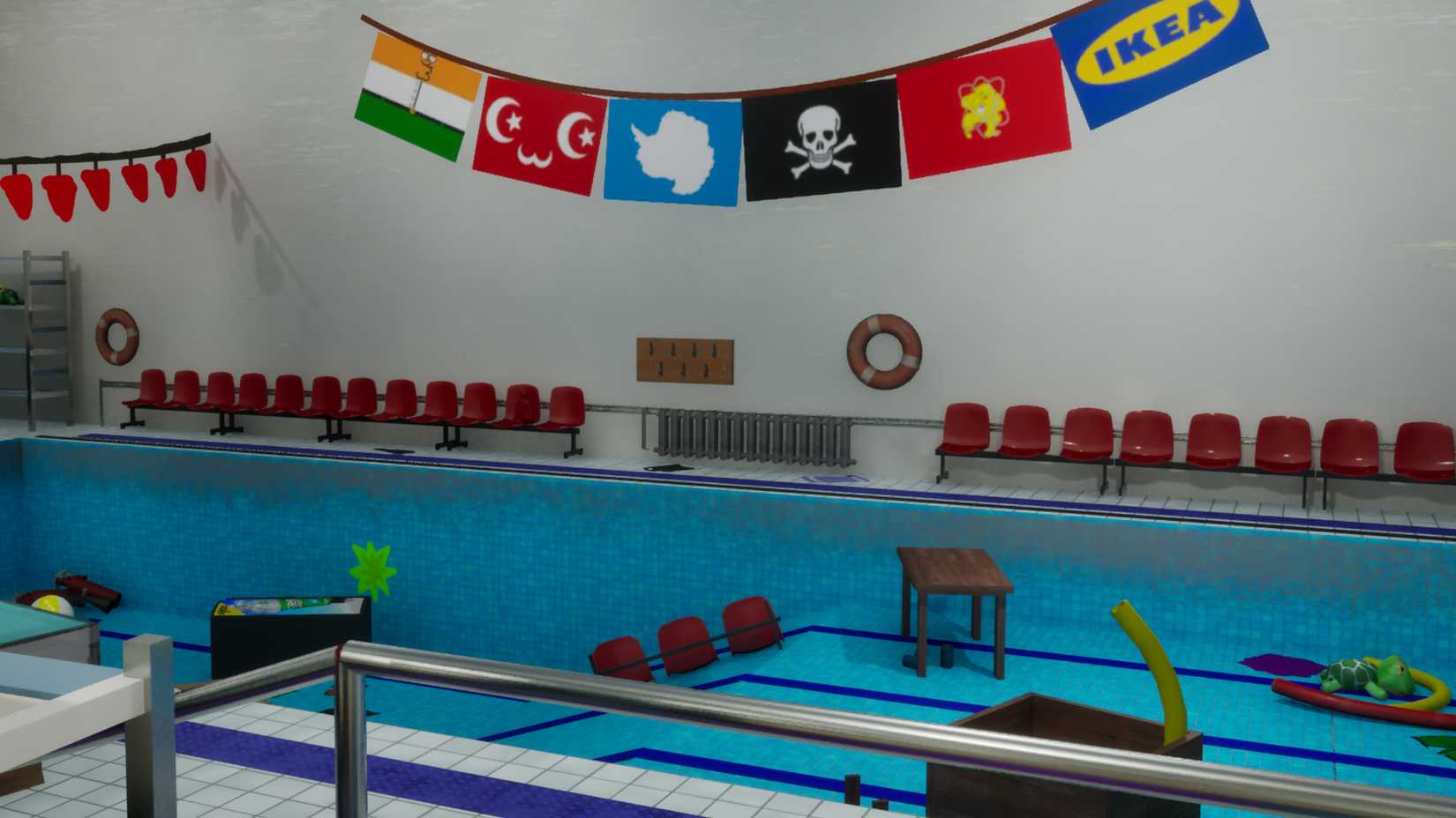 A chameleon hides in red around a swimming pool map in Meccha Chameleon.