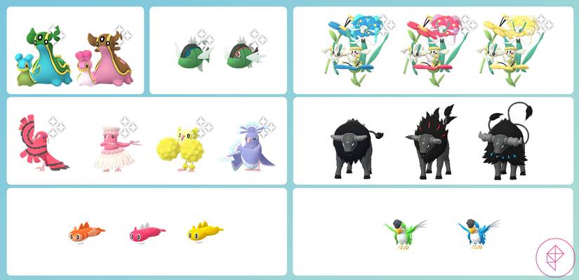 Várias formas regionais de Pokémon no Pokémon Go, apresentando os Pokémon em diferentes variações de cores.