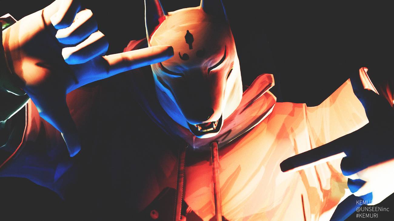 A person in a wolf mask frames their face with fingers