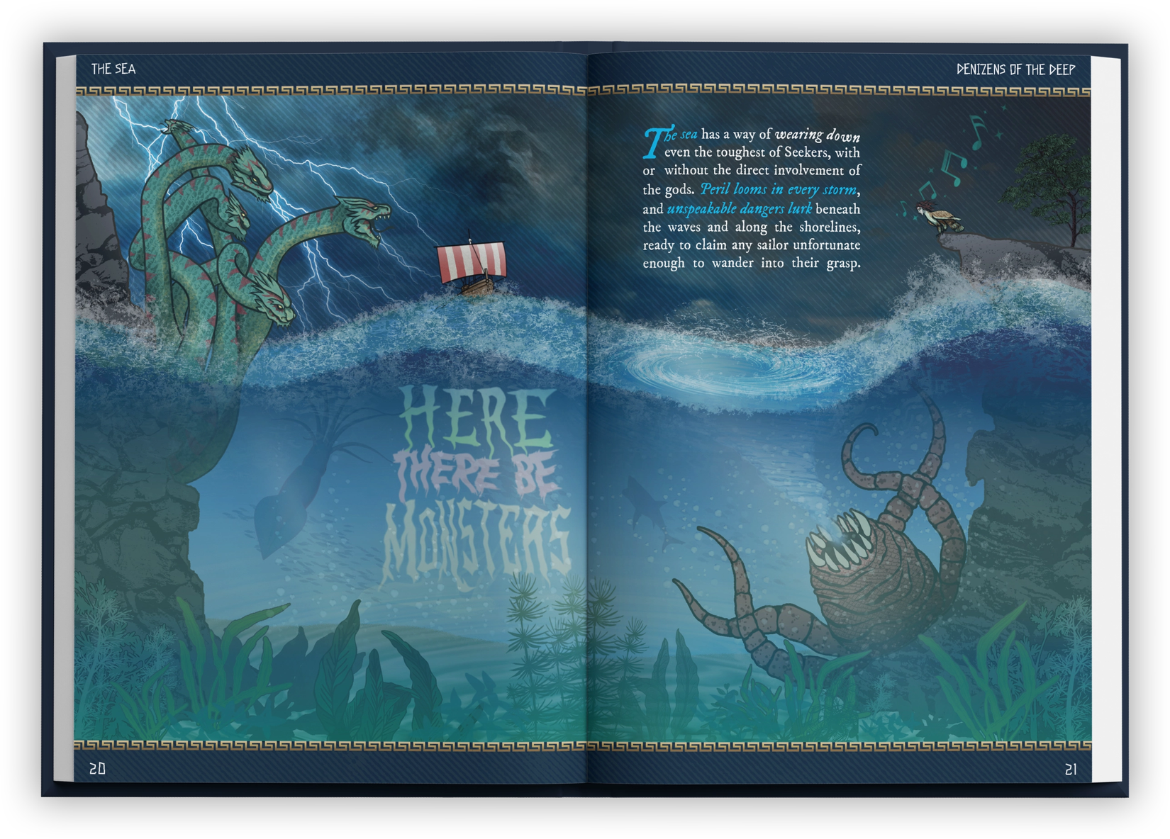 A spread in Forgotten Odysseys show possible threats to the ship including a hydra, sirens, and sea monsters.