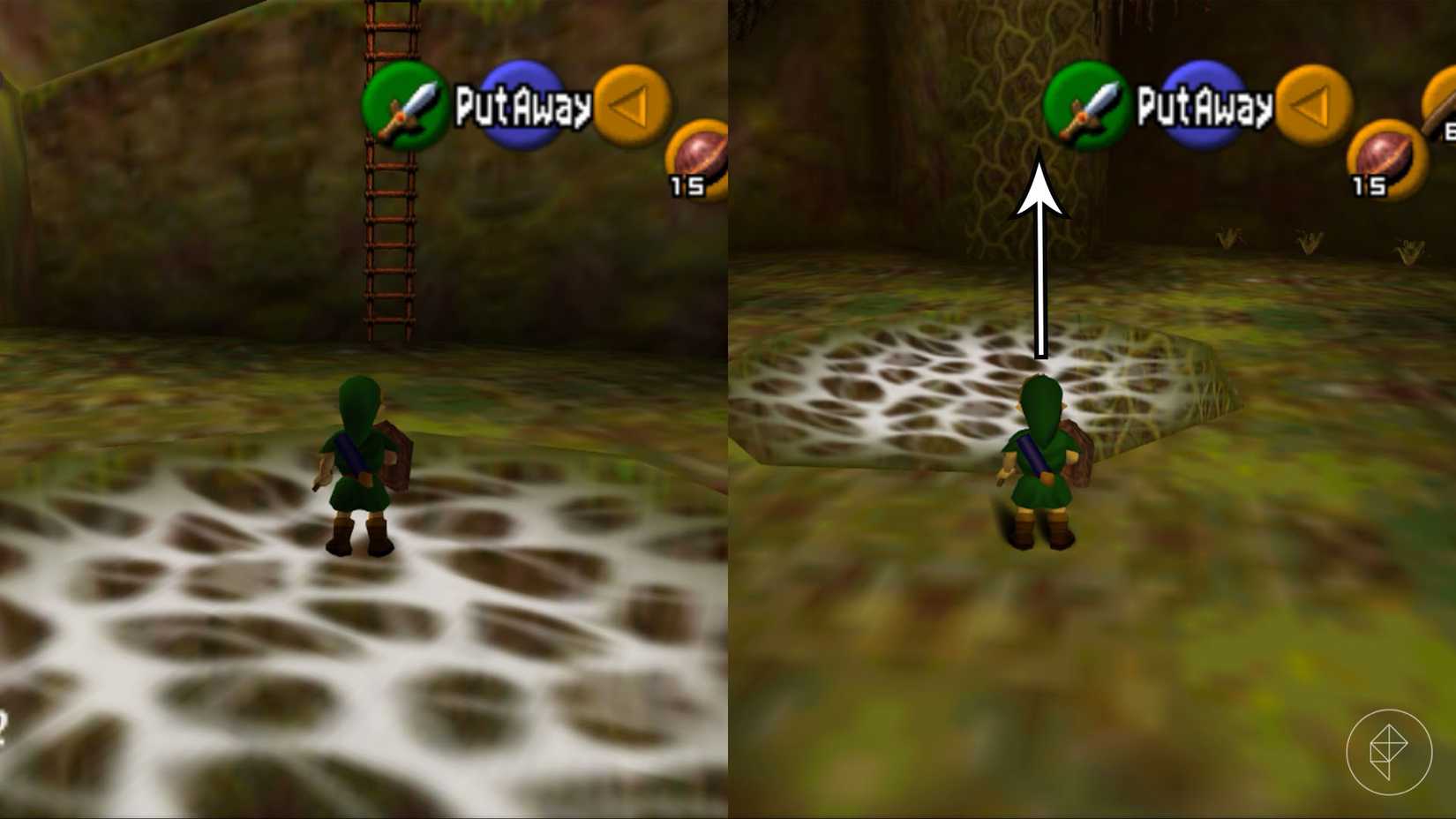 Link standing in front of a ladder and a wall covered in vines in Ocarina of Time.