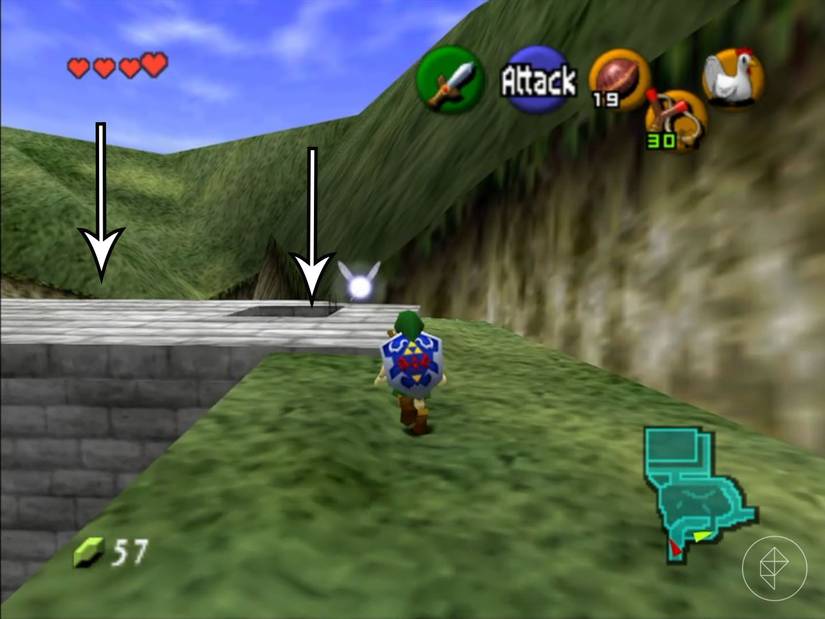 Link walking on a grass path toward a ladder in a stone floor in Ocarina of Time.