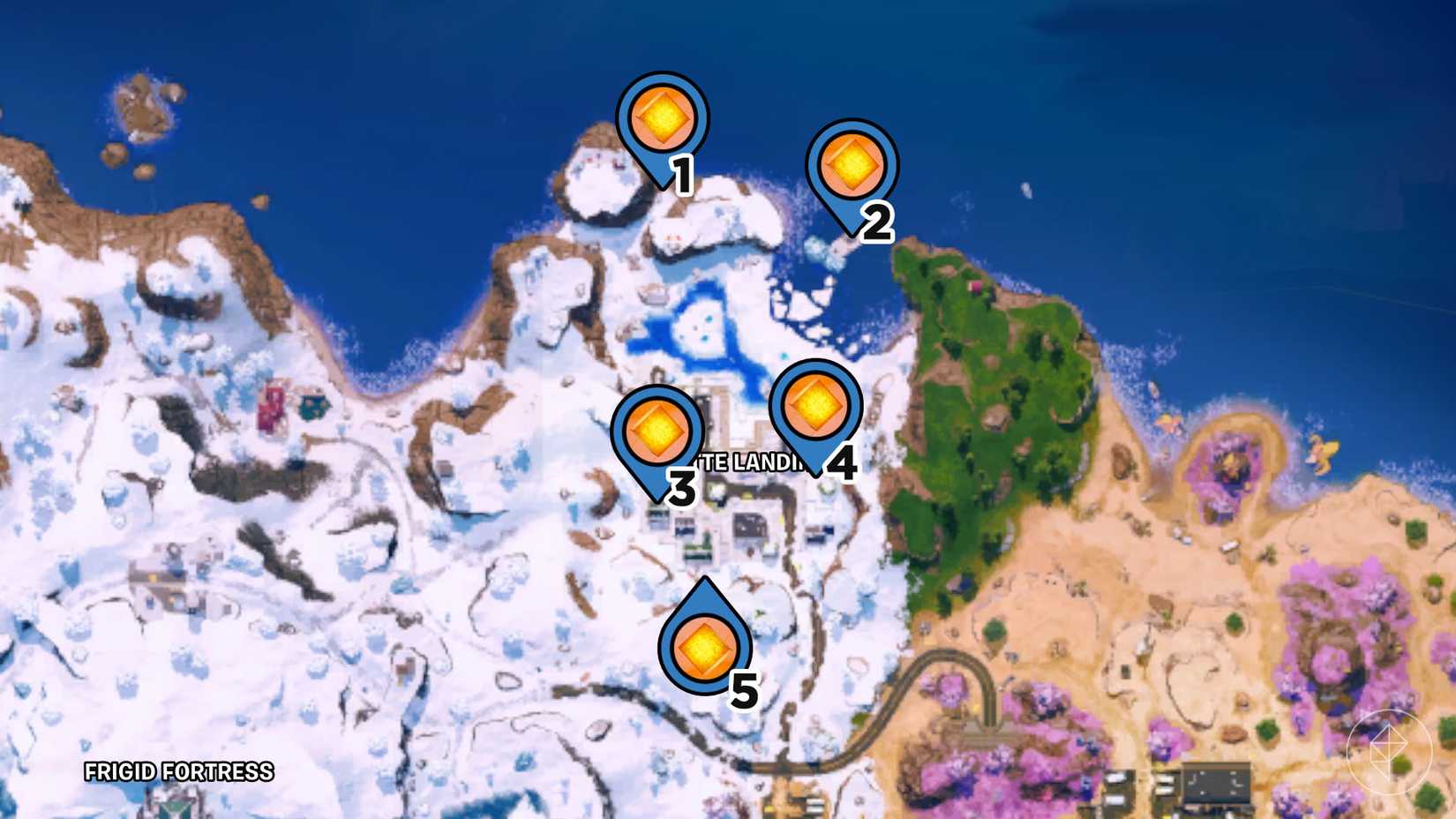 Latte Landing on the Fortnite map with the pins marking the locations of chaos cubes.