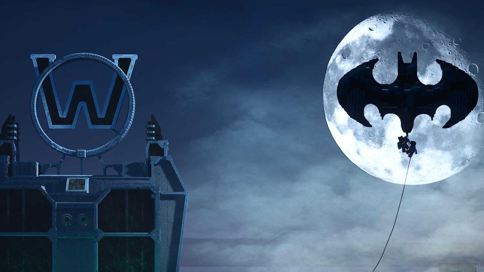 Lego Batman Legacy of the Dark Knight Batman and Catwoman holding onto a Bat-shaped balloon in front of the moon