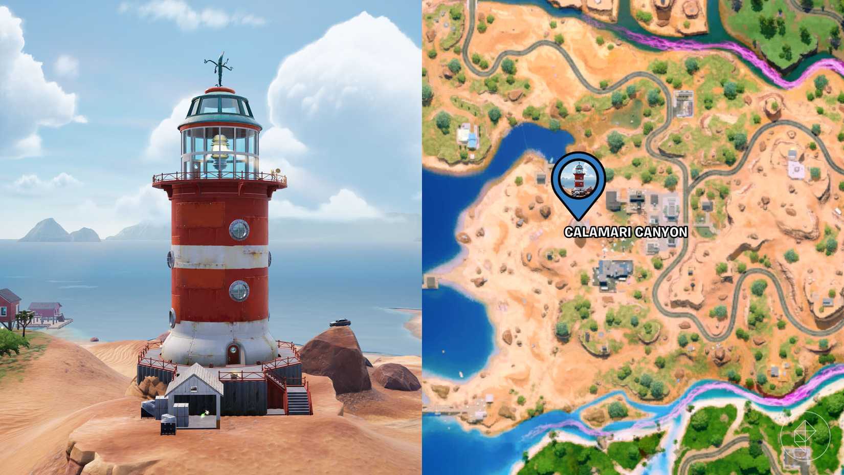 The location of a lighthouse marked on the Fortnite chapter 7 season 3 map.