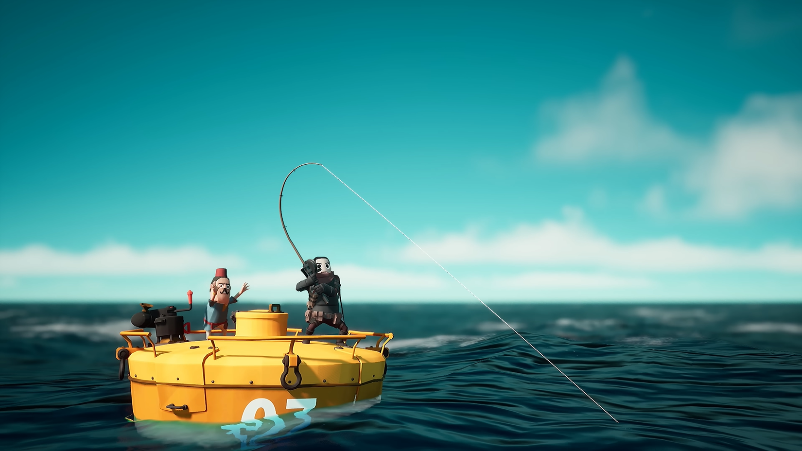 Little Devil Inside trailer screenshot showing a character fishing in a bright blue sea