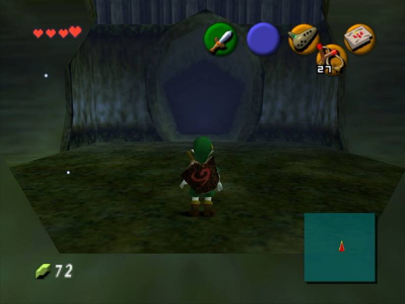 Link standing in a grassy area with three different entrances in Ocarina of Time.