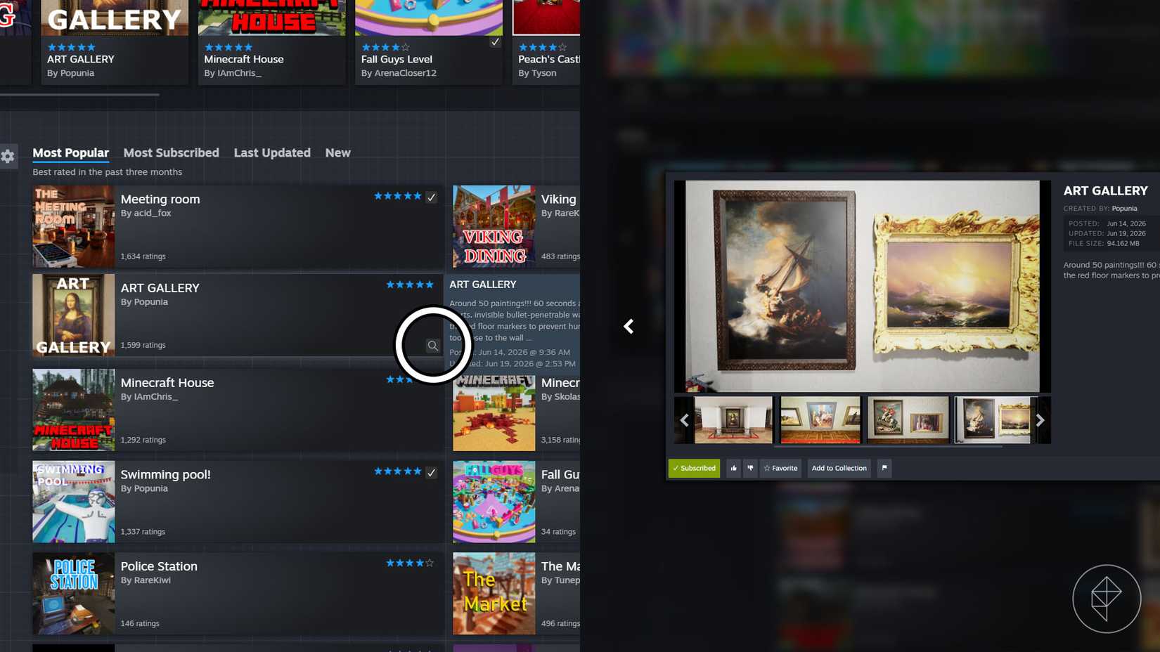 A split image of the steam workshop for Meccha Chameleon showing a magnifying glass and a pop up for a custom map.