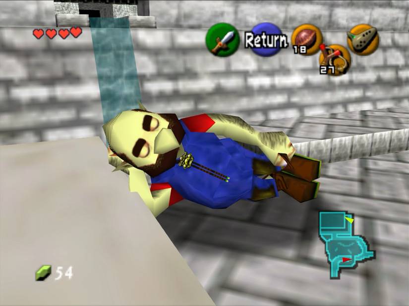 A sleeping man with a mustache, blue overalls, and a red shirt in Ocarina of Time.
