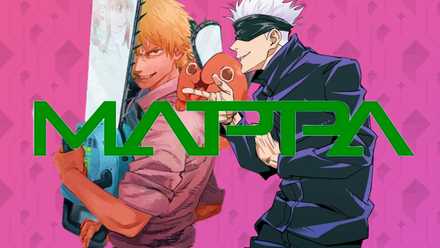 A composite image featuring Denji form Chainsaw Man and Gojo from Jujutsu Kaisen behind the Mappa logo