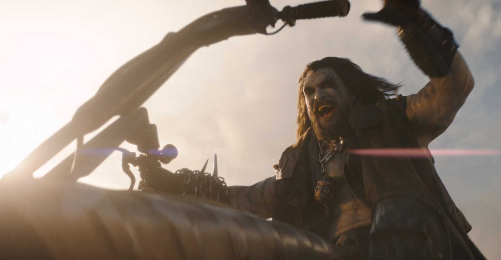 Jason Momoa as Lobo, a bike-riding alien bounty hunter with ICP-style black-and-white facial makeup, in Supergirl