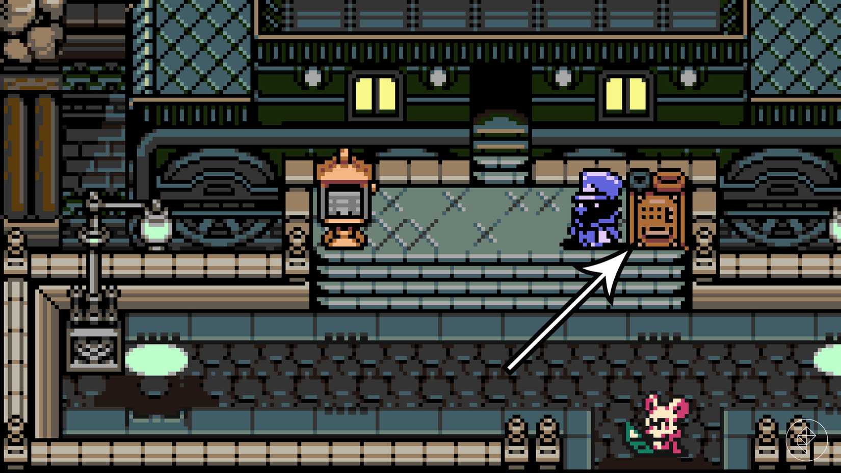 An arrow points to the train station donation box in Mina the Hollower.