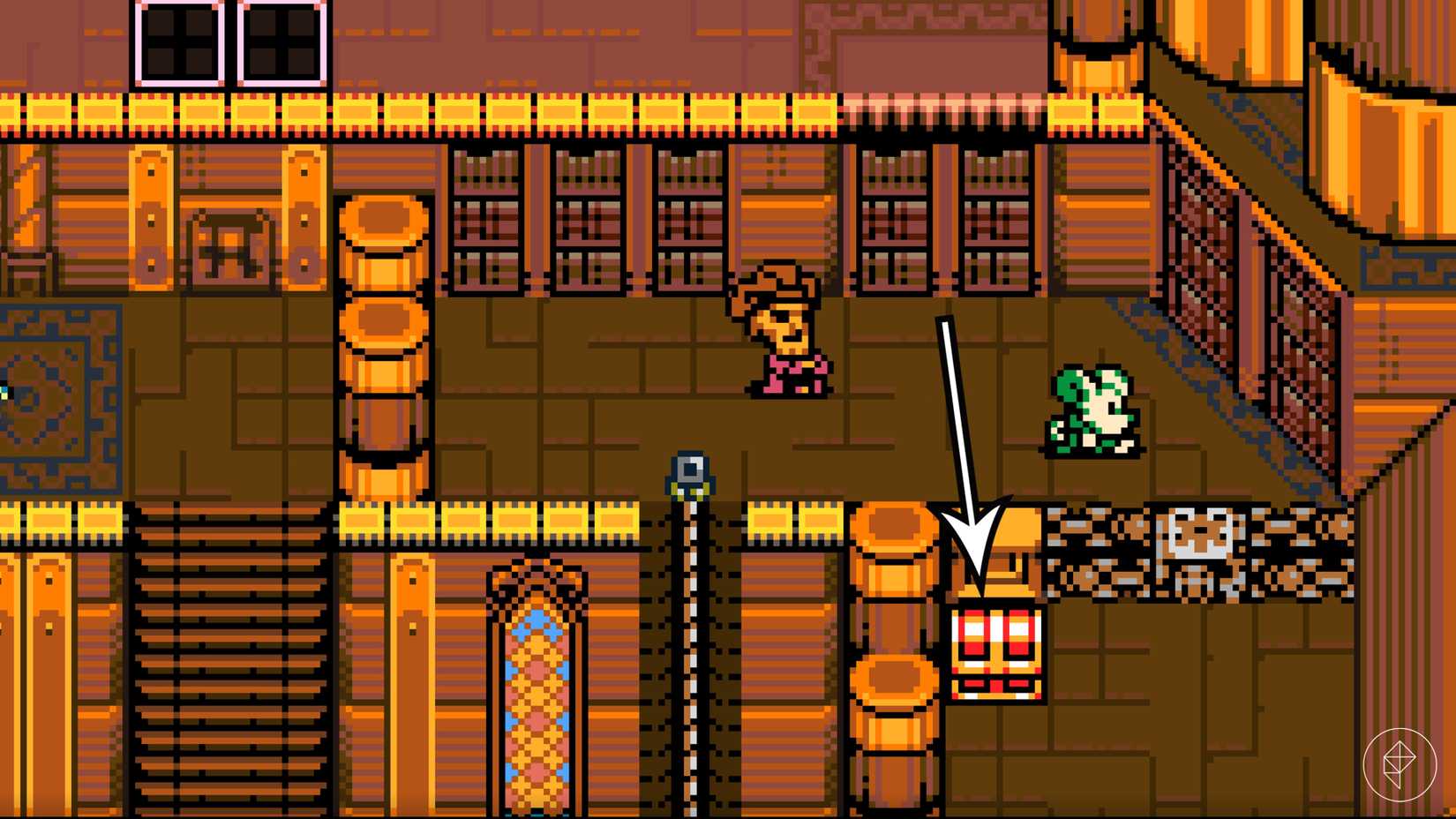 An arrow points to the Battery Buster weapon upgrade location in Mina the Hollower.