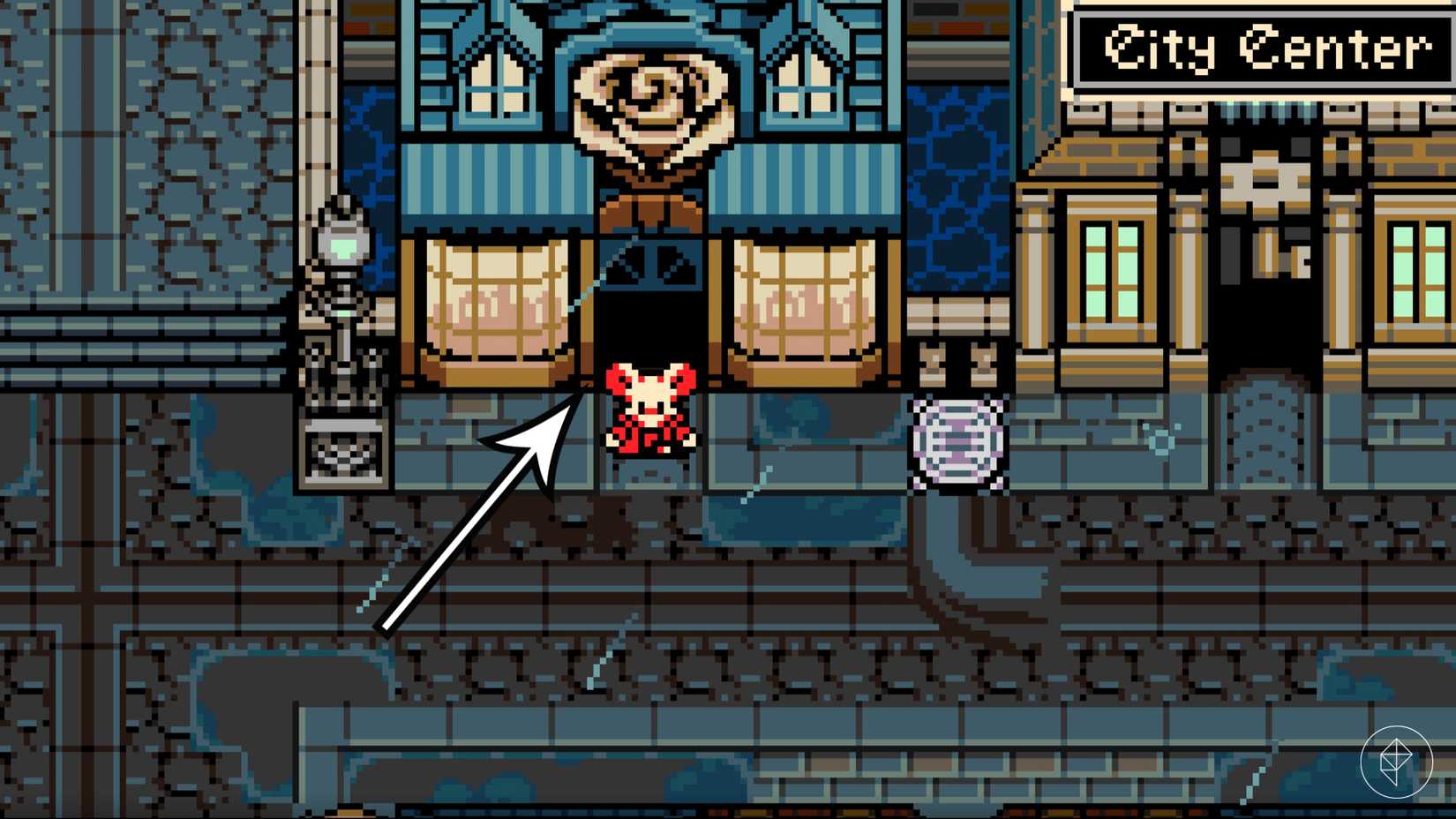 An arrow points to a shop that sells a spark container in Mina the Hollower.