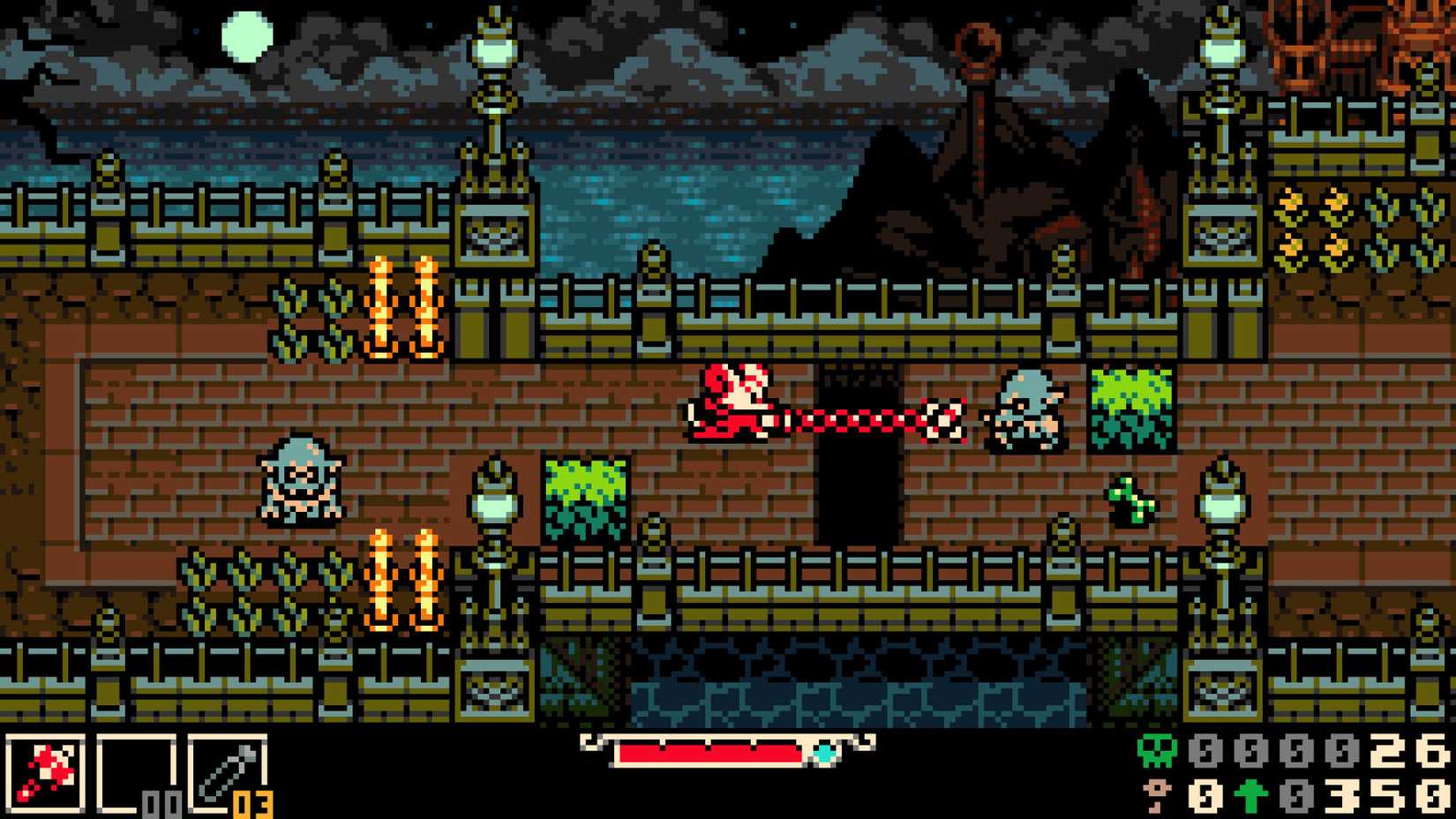 A pixelated cartoon mouse attacks an enemy with a long chained weapon in a 8-but-style environment