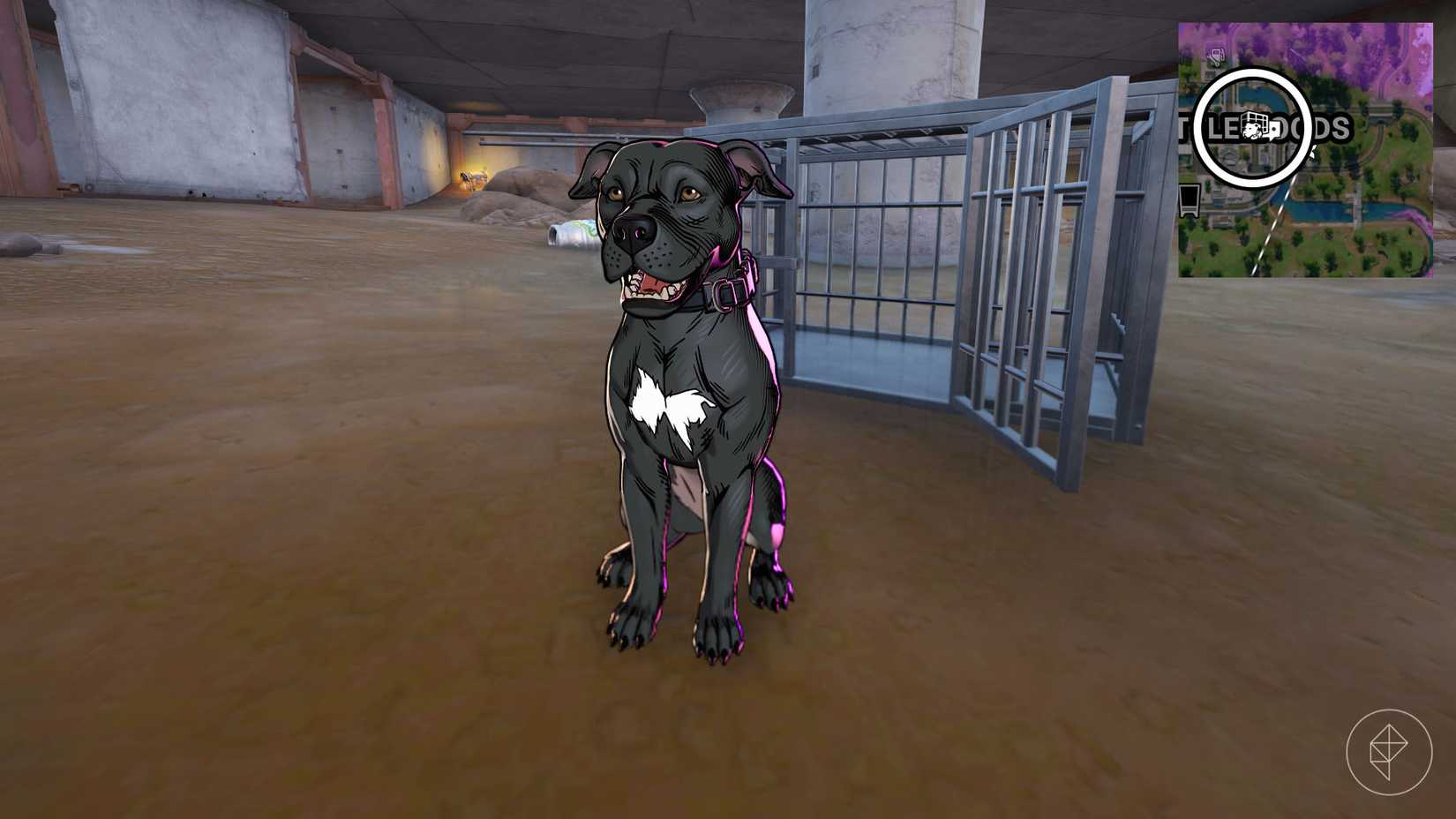 A black pitbull sitting on the floor in front of a cage in Fortnite, along with an icon of a dog and a cage on the minimap.