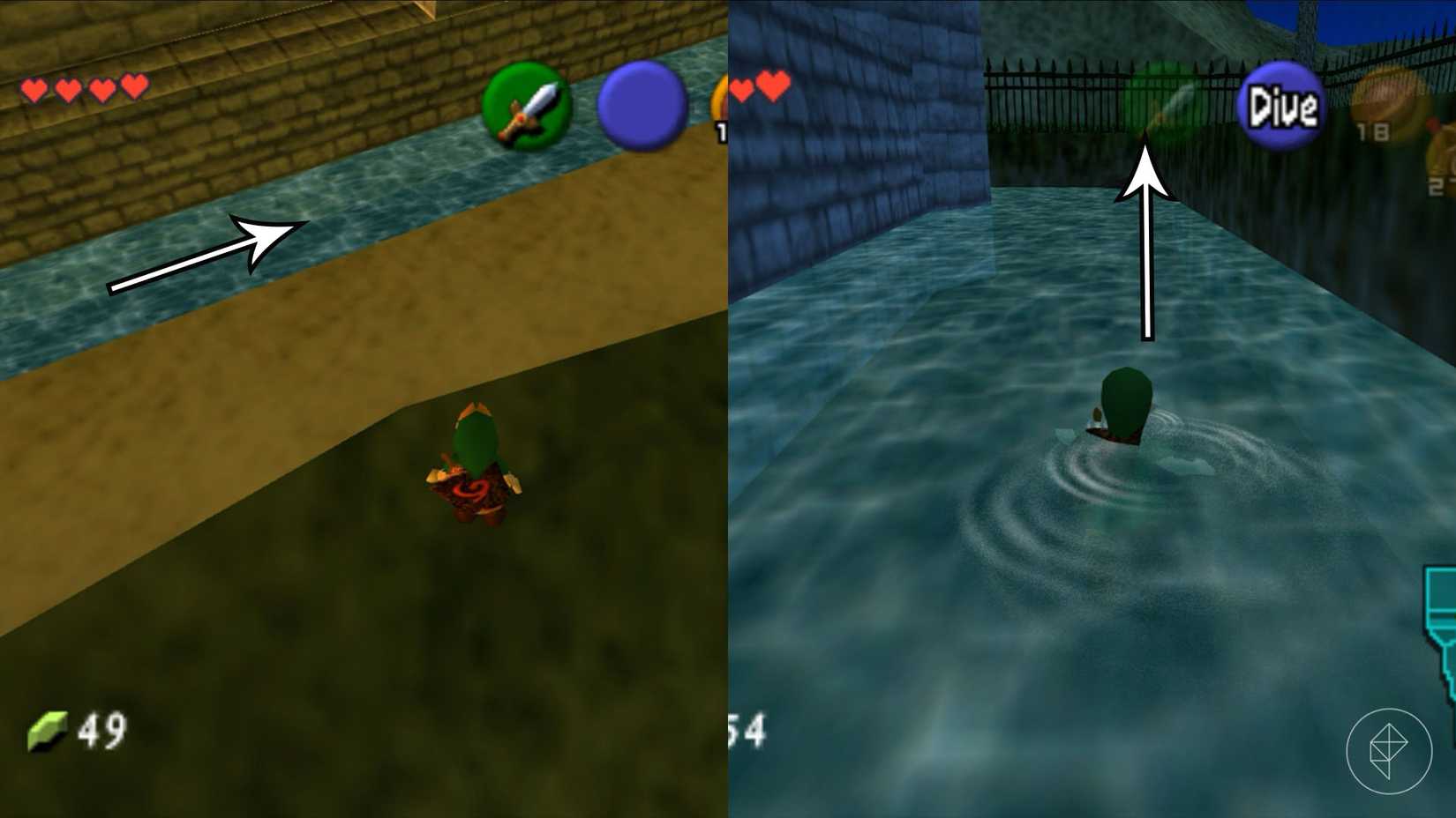 Link standing over a moat and swimming in it in Ocarina of Time.