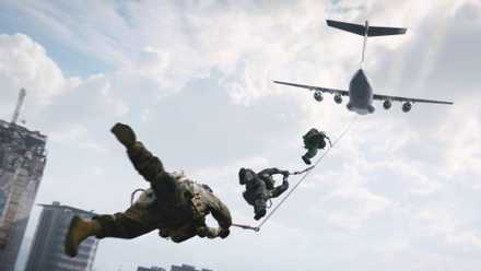 Three soldiers in Modern Warfare 4's DMZ mode hanging onto the rope of an aircraft flying away.
