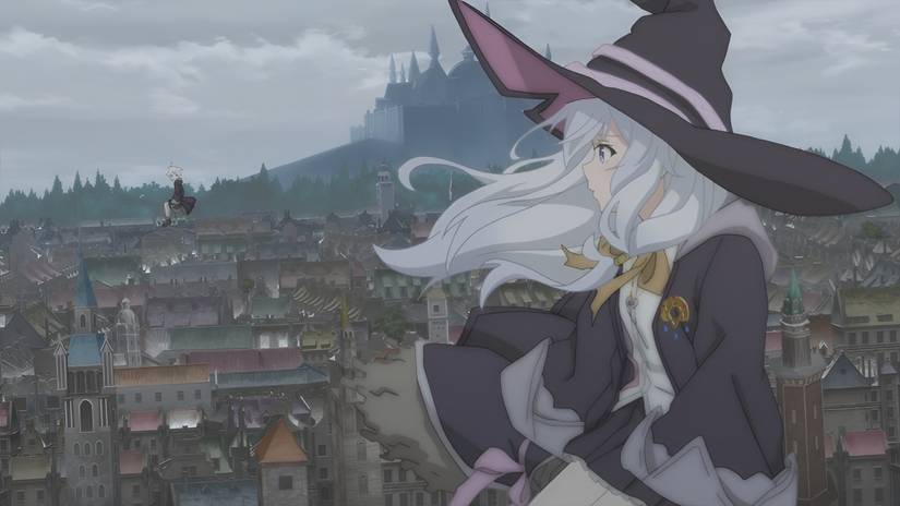 Elaina vuela con su escoba para explorar la ciudad en Wandering Witch: The Journey of Elaina
