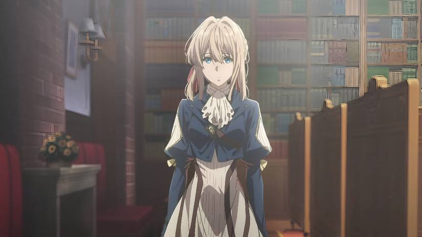 Violet se encuentra en la biblioteca y mira hacia adelante a Violet Evergarden