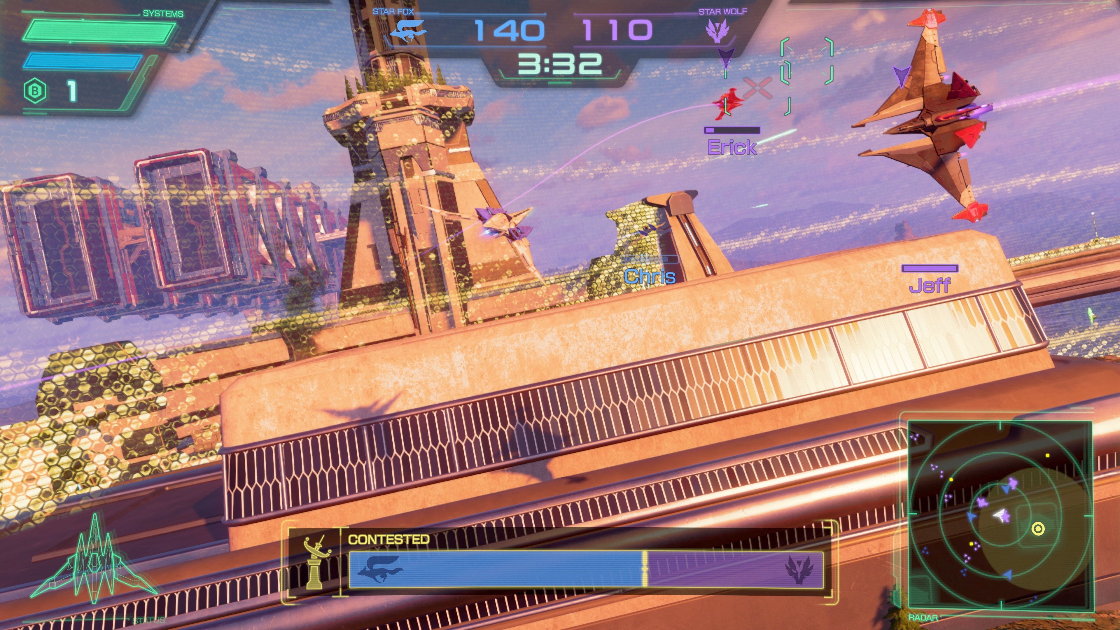 Competitive 4v4 dogfighting in Star Fox Battle Mode.