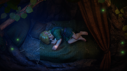 Link as a child lies curled up on his bed