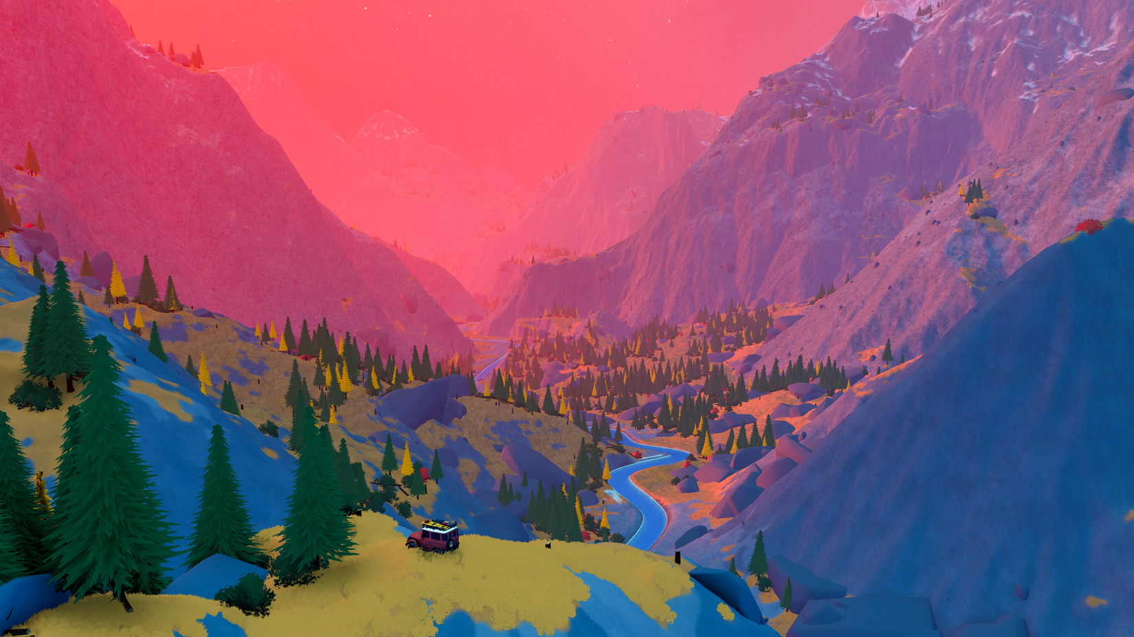 Игра Over the Hill от авторов Art of Rally выйдет в Steam 14 октября компактный внедорожник на фоне альпийской долины на закате