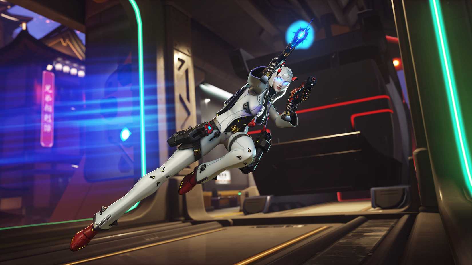 Shion using her dash in Overwatch while firing both pistols simultaneously
