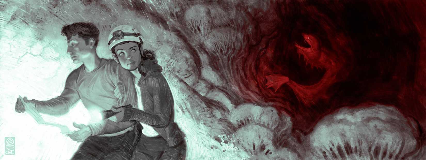 A man looks at a map while a woman wearing a head lantern holds onto him as a creature crawls out of a cave in art from 13 Omens